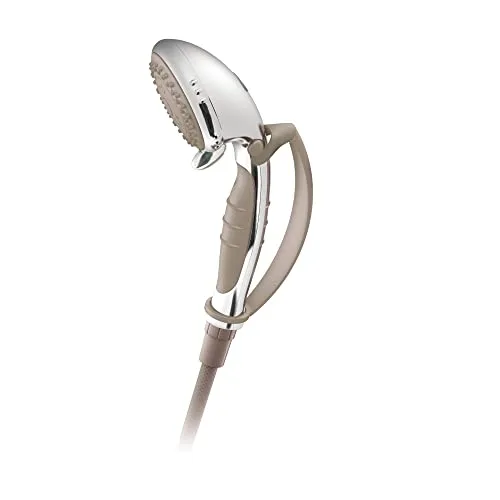 Moen chrome handheld showerhead on a flexible hose with a wall-mount holder