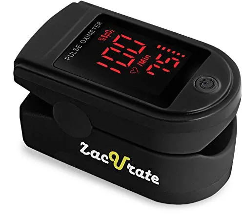 Zacurate Pro Series 500DL fingertip pulse oximeter with a large red LED display showing SpO2 and pulse readings